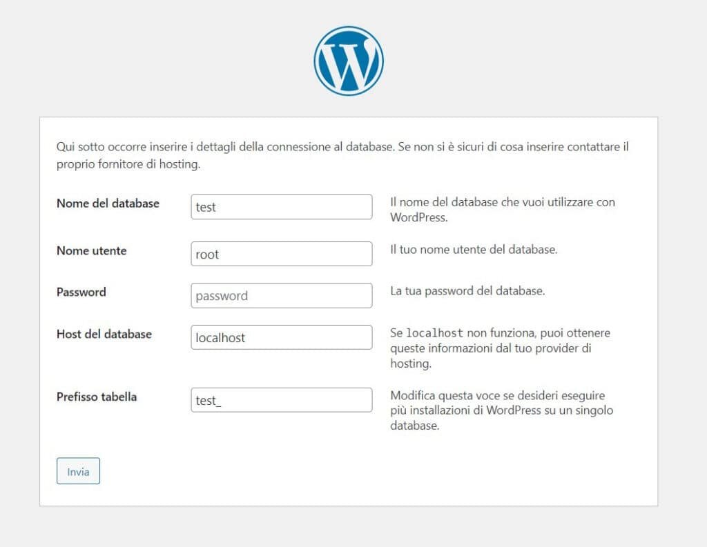Installazione di WordPress - Inserimento dei dati del database