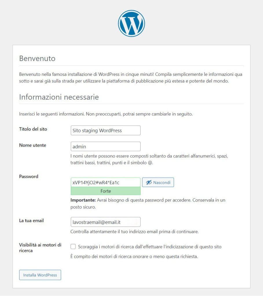 Installazione di WordPress - Inserimento delle informazioni del sito