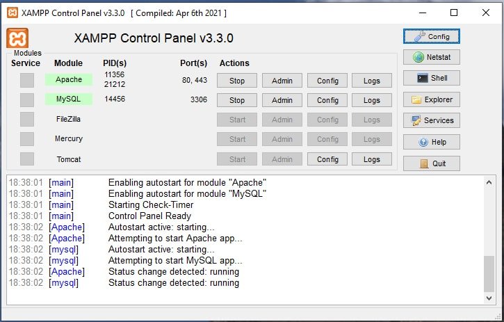 Pannello di Controllo di XAMPP - moduli Apache e MySQL avviati