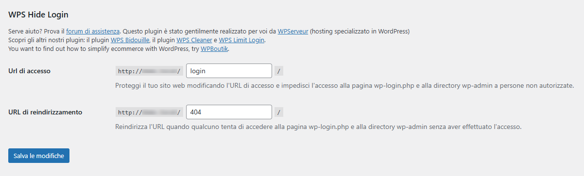 La schermata del plugin WPS Hide Login