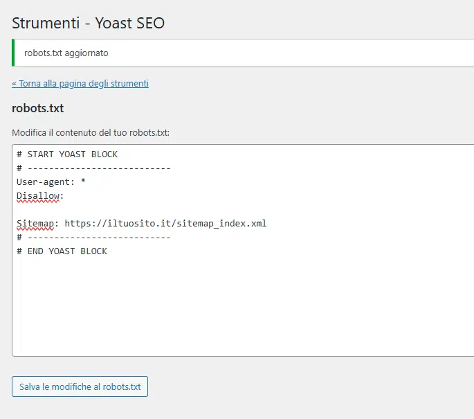 Yoast SEO - Robot.txt creato e pronto per essere modificato